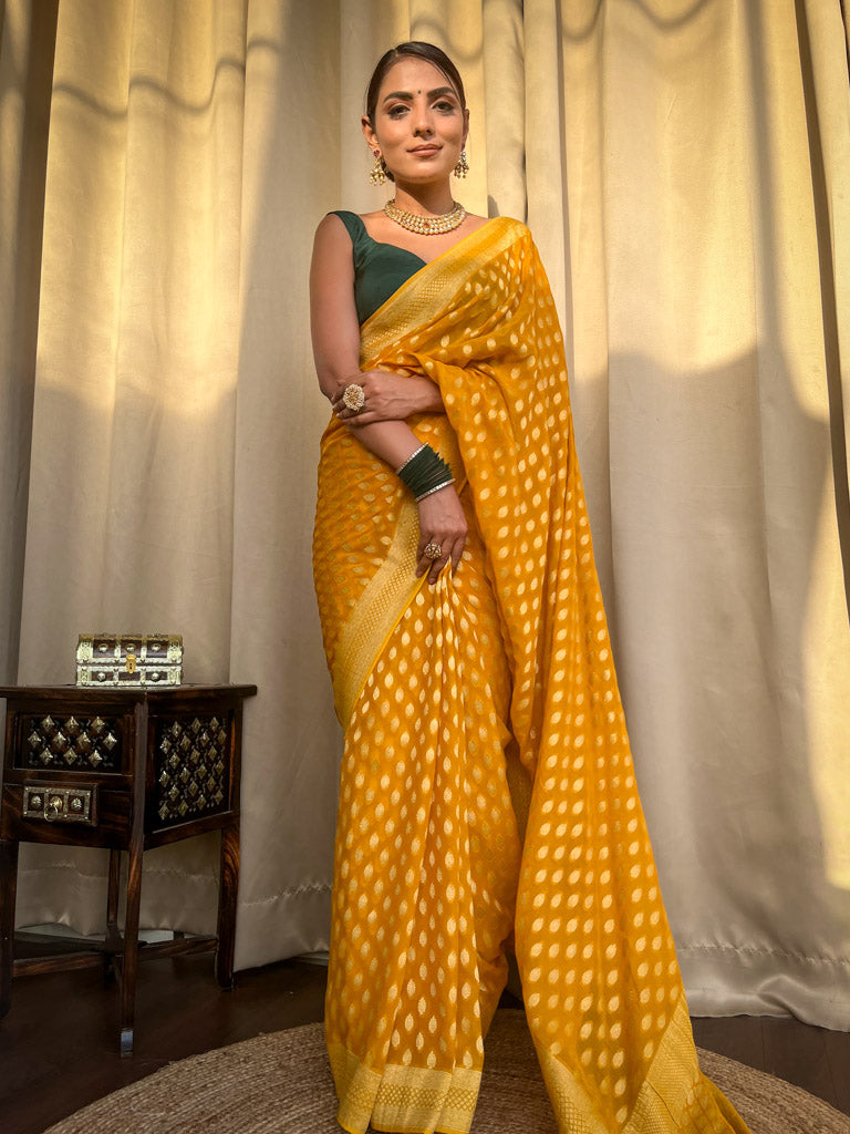 Exemplary Yellow Soft Banarasi Silk Saree With Ratatouille Blouse