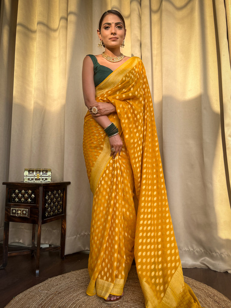 Exemplary Yellow Soft Banarasi Silk Saree With Ratatouille Blouse