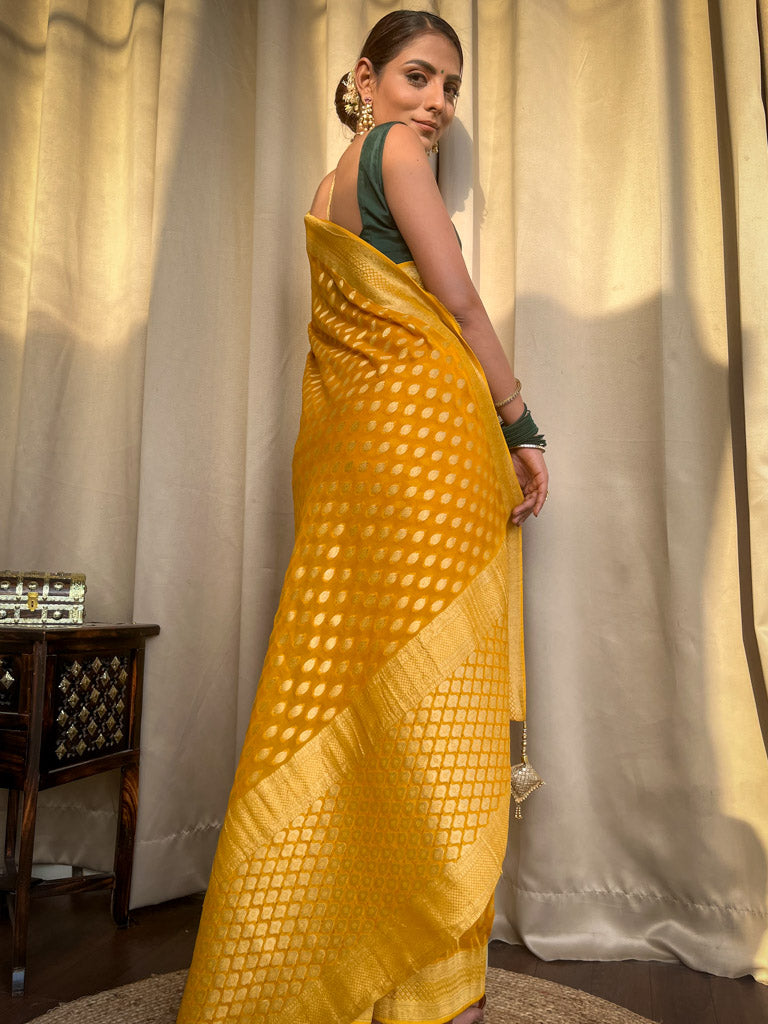 Exemplary Yellow Soft Banarasi Silk Saree With Ratatouille Blouse