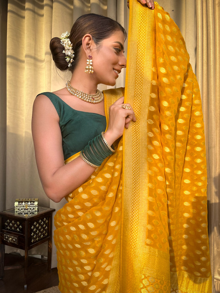 Exemplary Yellow Soft Banarasi Silk Saree With Ratatouille Blouse