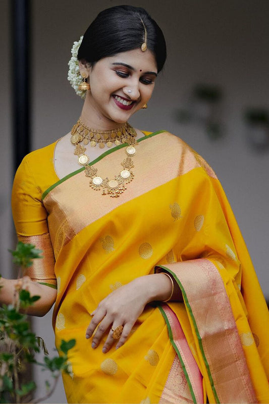 Girlish Yellow Soft Silk Saree With Mesmeric Blouse Piece
