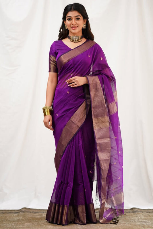Engaging Magenta Cotton Silk Saree With Scintilla Blouse Piece