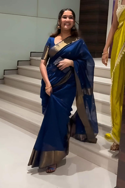 Divine Navy Blue Cotton Silk Saree With Snappy Blouse Piece