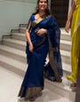 Divine Navy Blue Cotton Silk Saree With Snappy Blouse Piece
