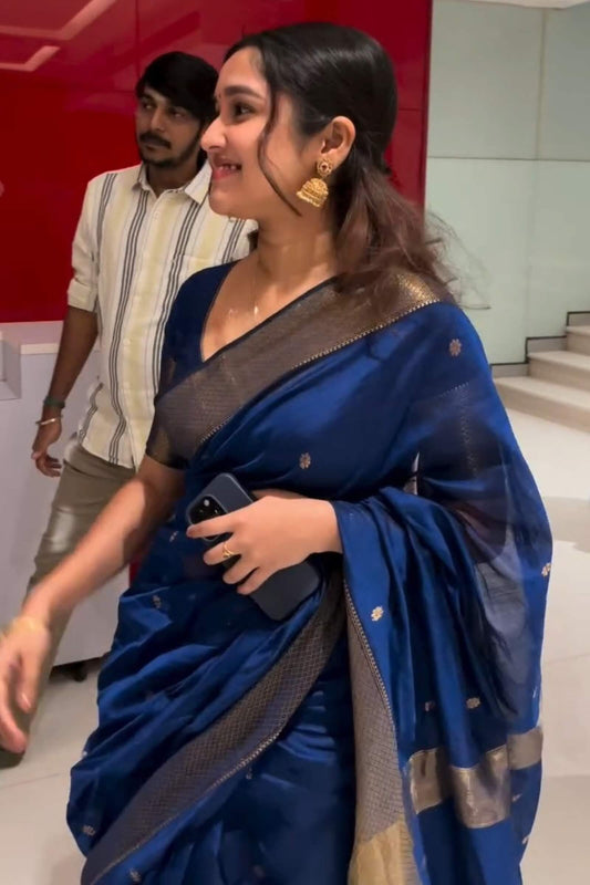 Divine Navy Blue Cotton Silk Saree With Snappy Blouse Piece