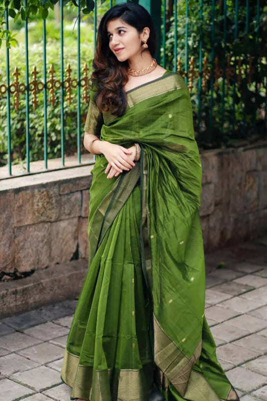 Gossamer Green Cotton Silk Saree With Cynosure Blouse Piece
