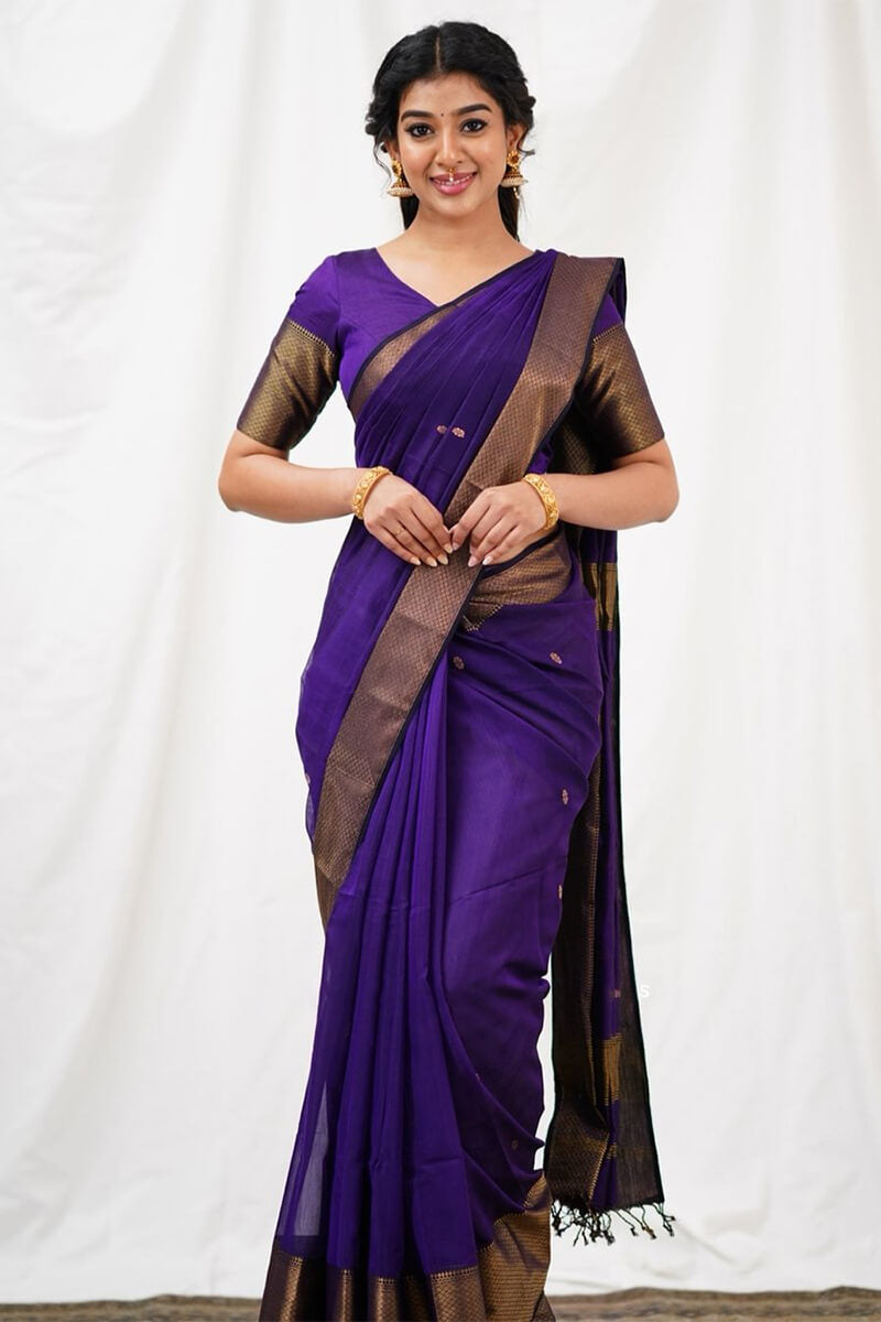 Angelic Purple Cotton Silk Saree With Inspiring Blouse Piece