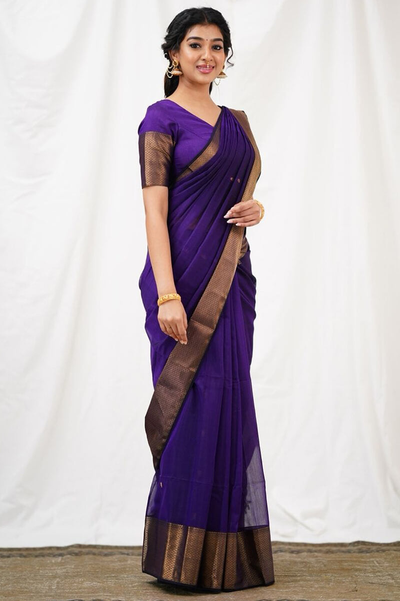 Angelic Purple Cotton Silk Saree With Inspiring Blouse Piece