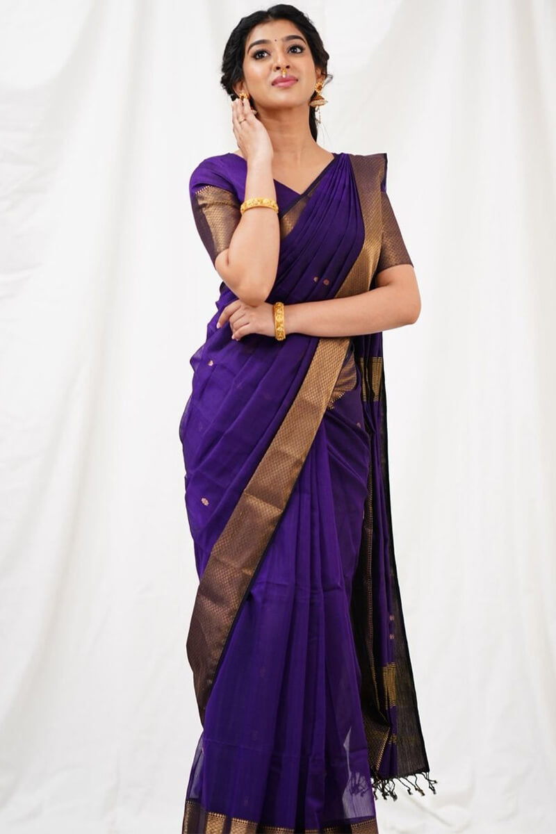 Angelic Purple Cotton Silk Saree With Inspiring Blouse Piece