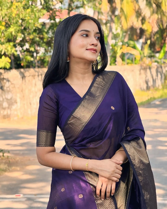 Elaborate Purple Cotton Silk Saree With Effervescent Blouse Piece