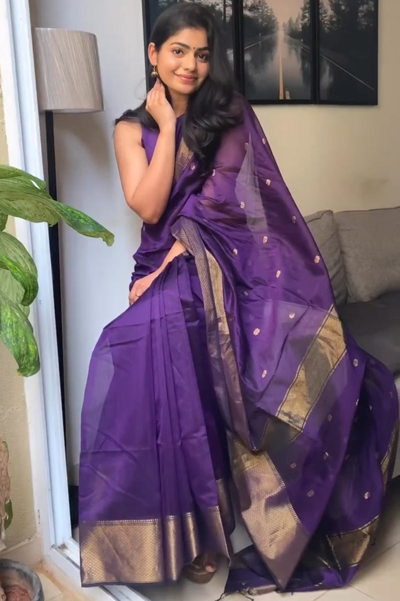 Pretty Purple Cotton Silk Saree With Sizzling Blouse Piece