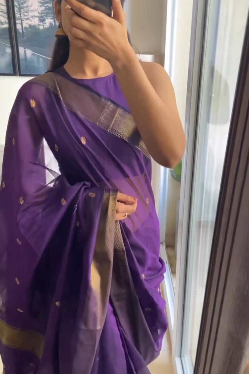 Pretty Purple Cotton Silk Saree With Sizzling Blouse Piece