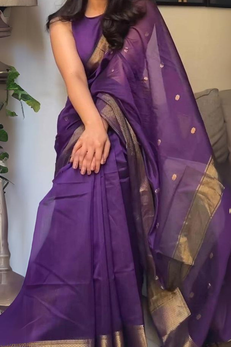 Pretty Purple Cotton Silk Saree With Sizzling Blouse Piece