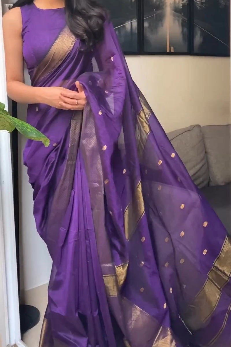 Pretty Purple Cotton Silk Saree With Sizzling Blouse Piece