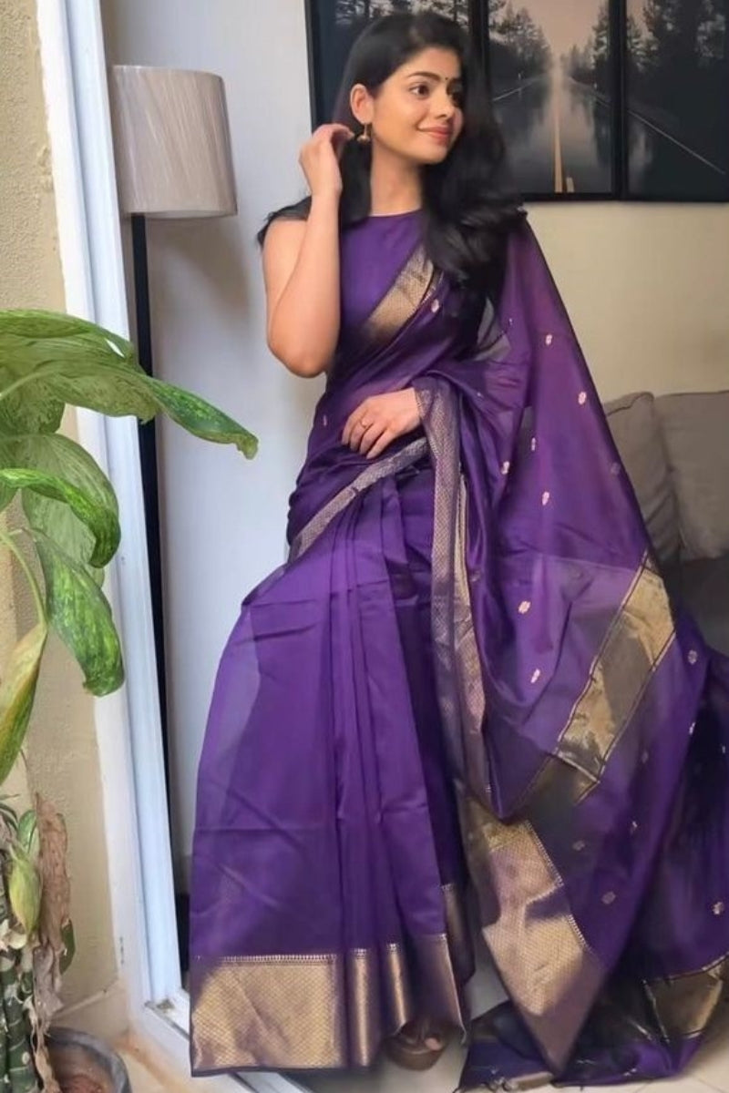 Pretty Purple Cotton Silk Saree With Sizzling Blouse Piece