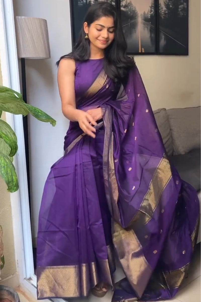 Pretty Purple Cotton Silk Saree With Sizzling Blouse Piece