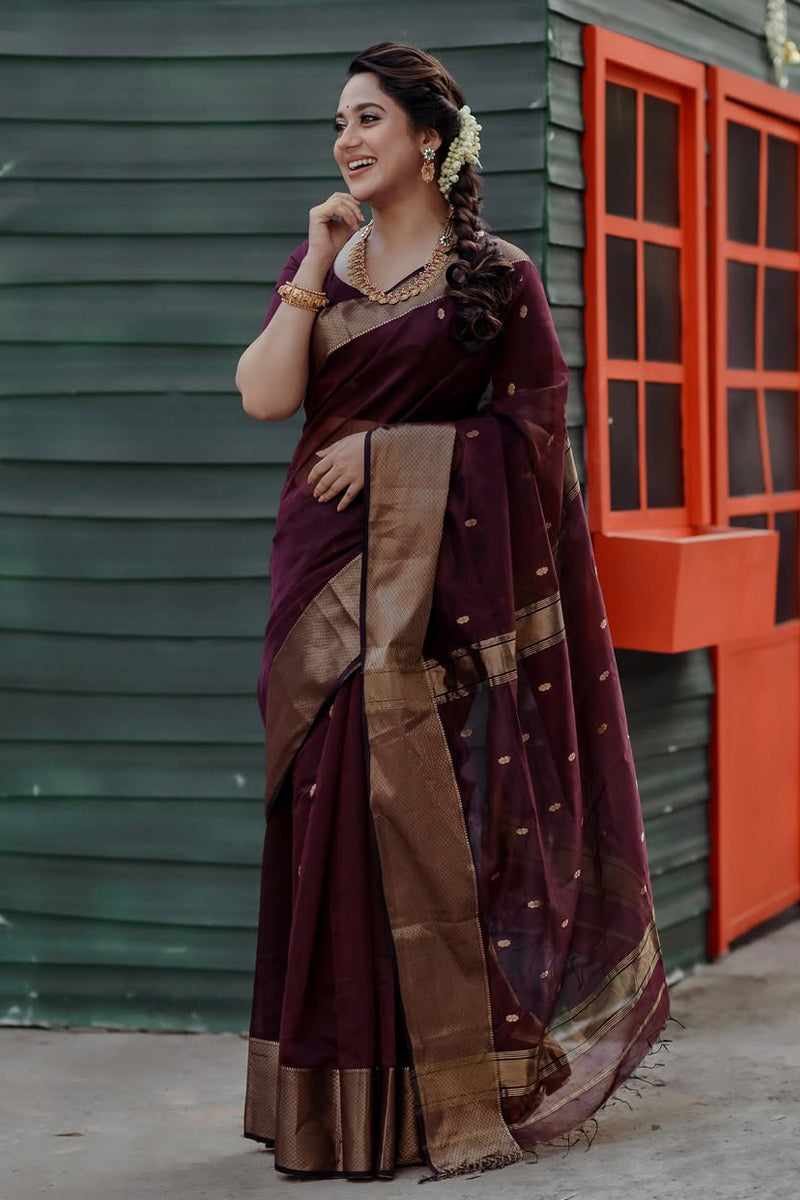 Refreshing Wine Cotton Silk Saree With Excellent Blouse Piece