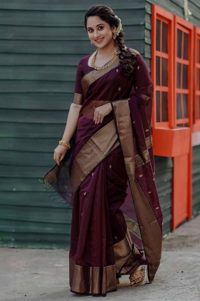 Refreshing Wine Cotton Silk Saree With Excellent Blouse Piece