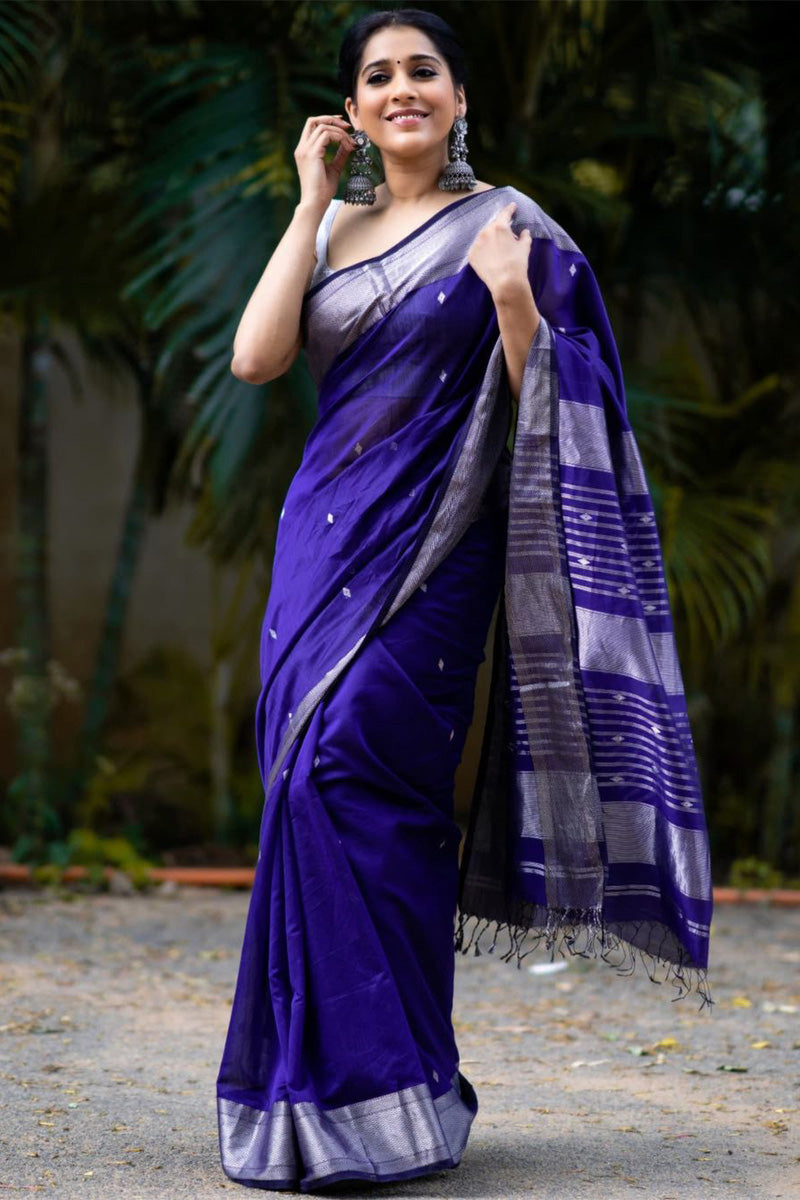 Eloquence Royal Blue Soft Silk Saree With Ephemeral Blouse Piece