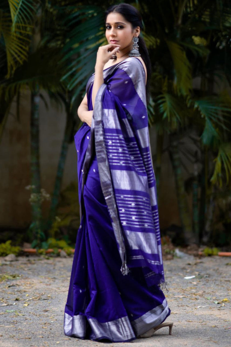 Eloquence Royal Blue Soft Silk Saree With Ephemeral Blouse Piece