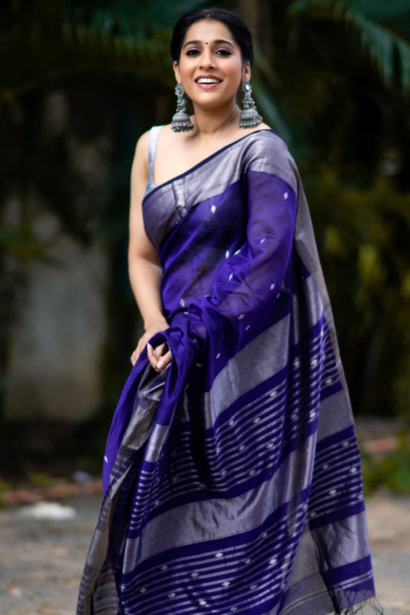 Eloquence Royal Blue Soft Silk Saree With Ephemeral Blouse Piece