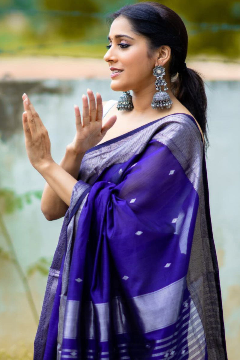 Eloquence Royal Blue Soft Silk Saree With Ephemeral Blouse Piece