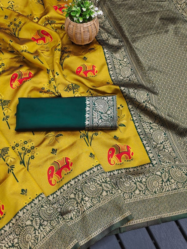 Lassitude Yellow Soft Silk Saree With Scintilla Blouse Piece