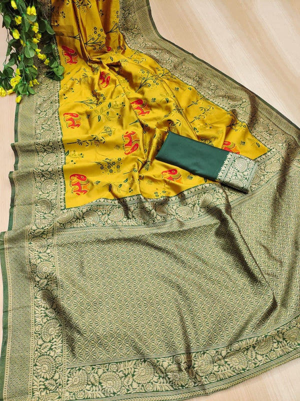Lassitude Yellow Soft Silk Saree With Scintilla Blouse Piece
