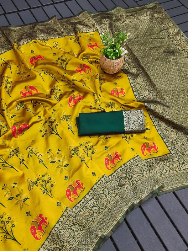 Lassitude Yellow Soft Silk Saree With Scintilla Blouse Piece