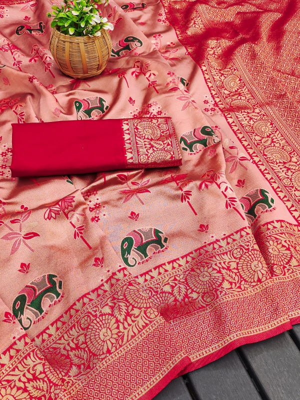 Denouement Pink Soft Silk Saree With Fragrant Blouse Piece