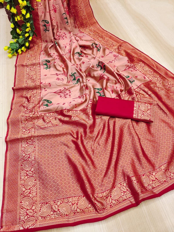 Denouement Pink Soft Silk Saree With Fragrant Blouse Piece