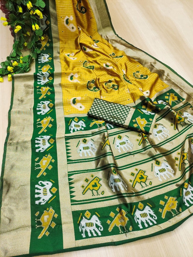 Vestigial Mustard Soft Silk Saree With Ratatouille Blouse Piece