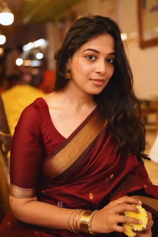 Brood Maroon Soft Silk Saree With Ethereal Blouse Piece