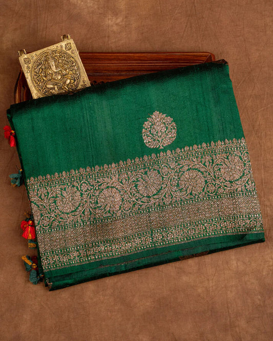 Adorning Dark Green Soft Silk Saree With Unique Blouse Piece