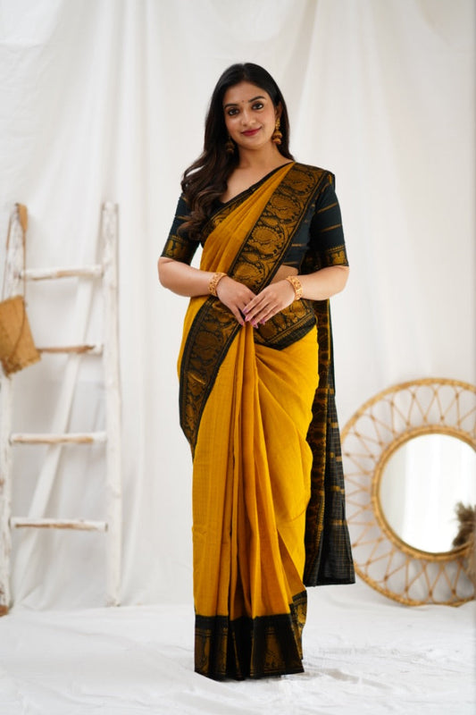 Alluring Mustard Soft Silk Saree With Ethereal Blouse Piece