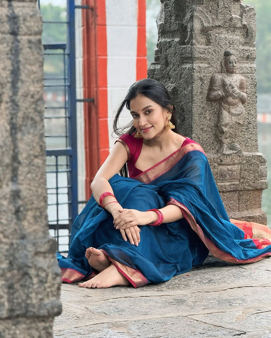Pleasant Blue Soft Silk Saree With Beleaguer Blouse Piece