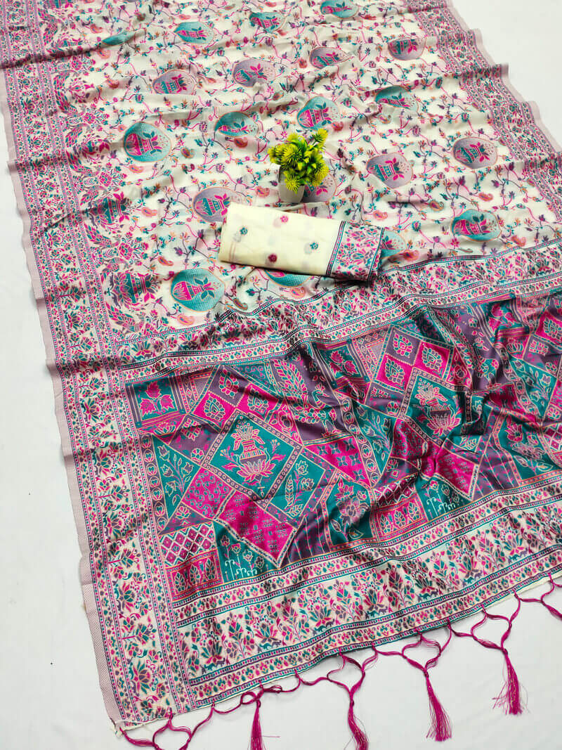 Hypnotic Beige Pashmina Saree With Lissome Blouse Piece