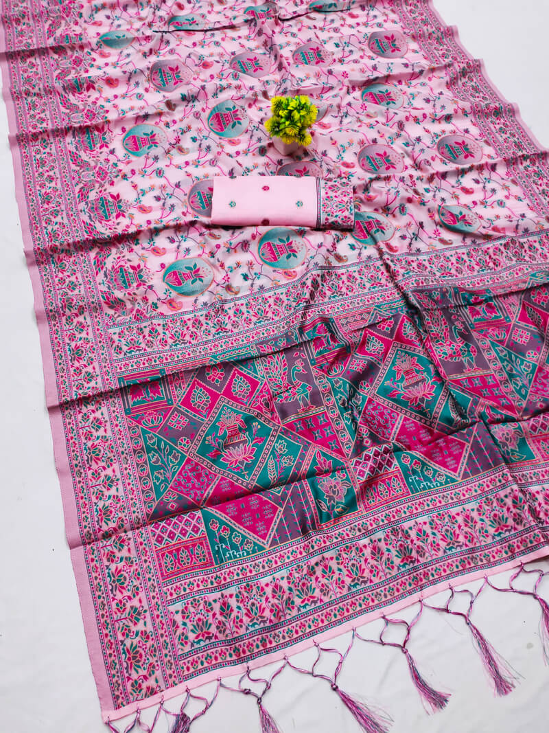 Desirable Pink Pashmina Saree With Captivating Blouse Piece