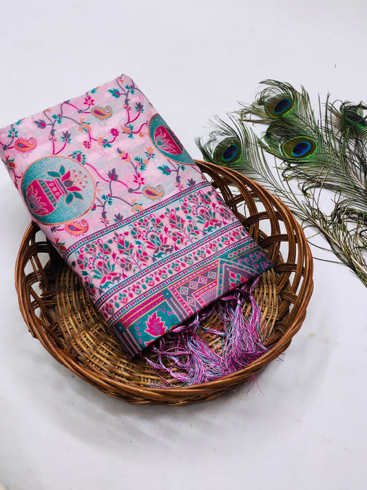Desirable Pink Pashmina Saree With Captivating Blouse Piece