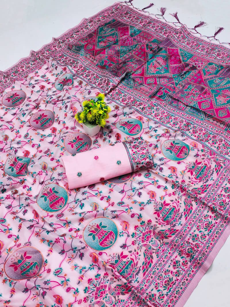 Desirable Pink Pashmina Saree With Captivating Blouse Piece
