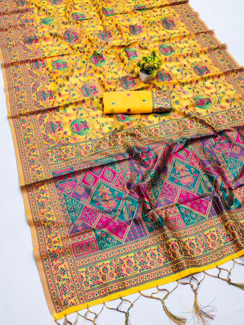 Winsome Yellow Pashmina Saree With Nemesis Blouse Piece