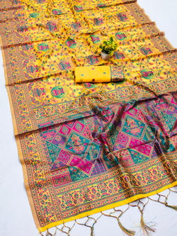 Winsome Yellow Pashmina Saree With Nemesis Blouse Piece