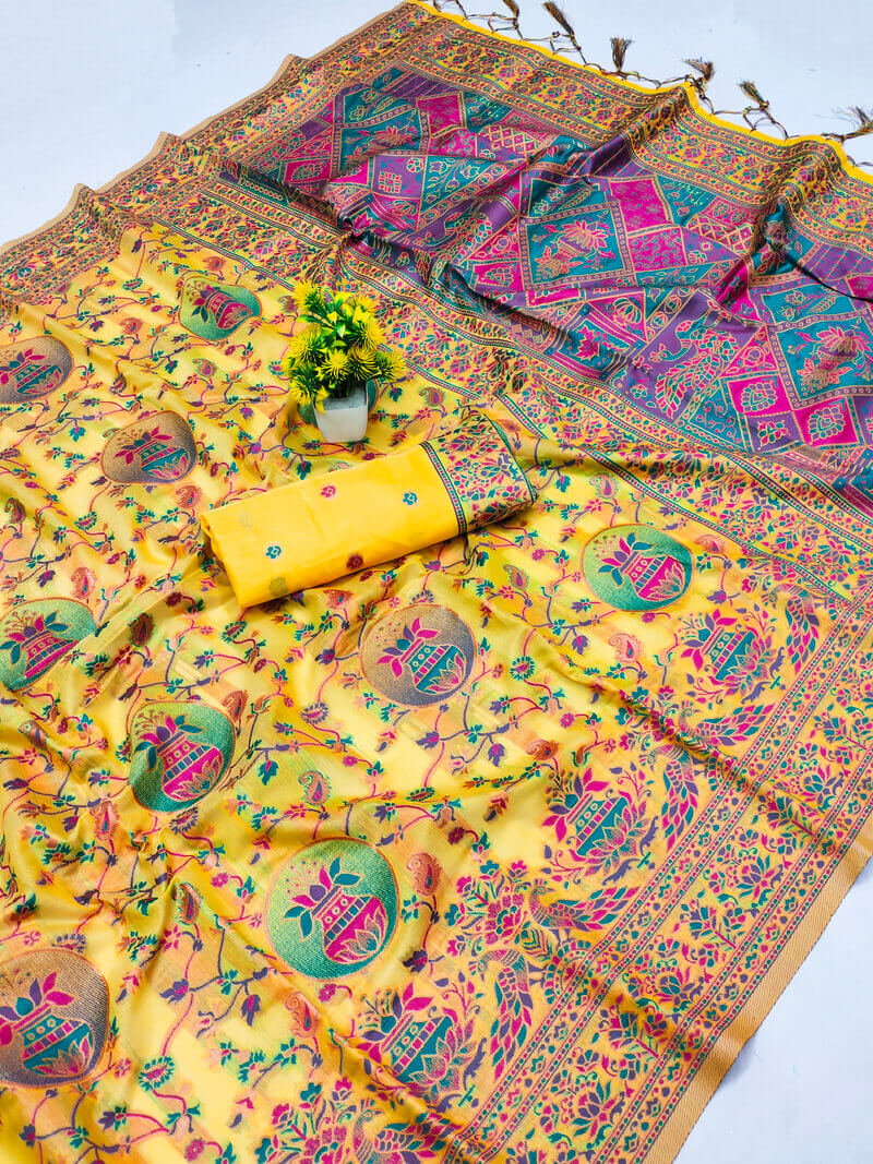 Winsome Yellow Pashmina Saree With Nemesis Blouse Piece