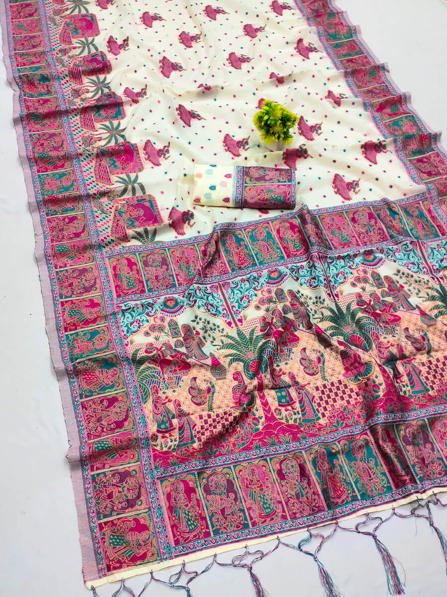 Groovy Beige Pashmina Saree With Sizzling Blouse Piece