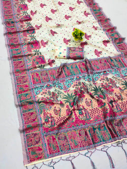 Groovy Beige Pashmina Saree With Sizzling Blouse Piece