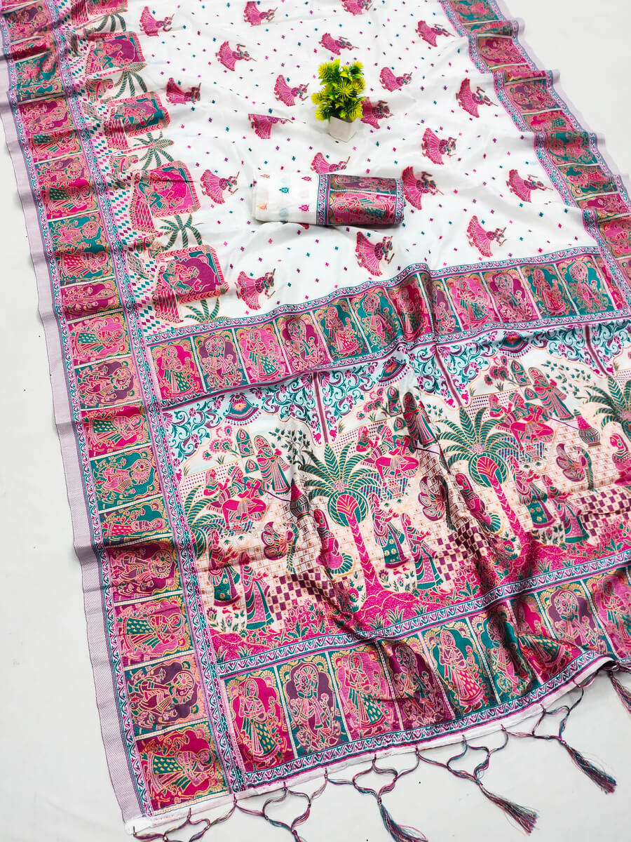 Tantalizing Off White Pashmina Saree With Glamorous Blouse Piece
