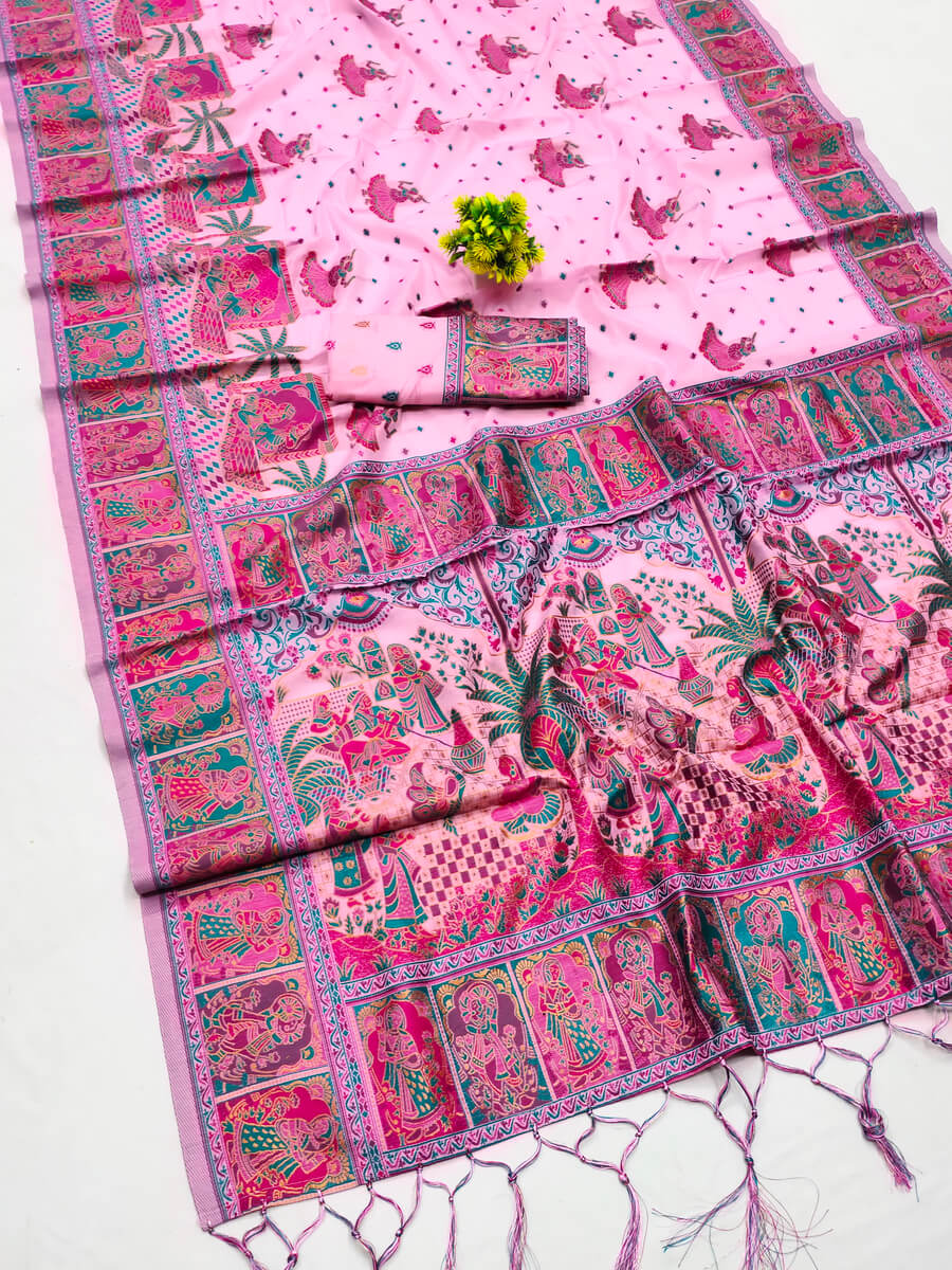 Blissful Pink Pashmina Saree With Elision Blouse Pieced