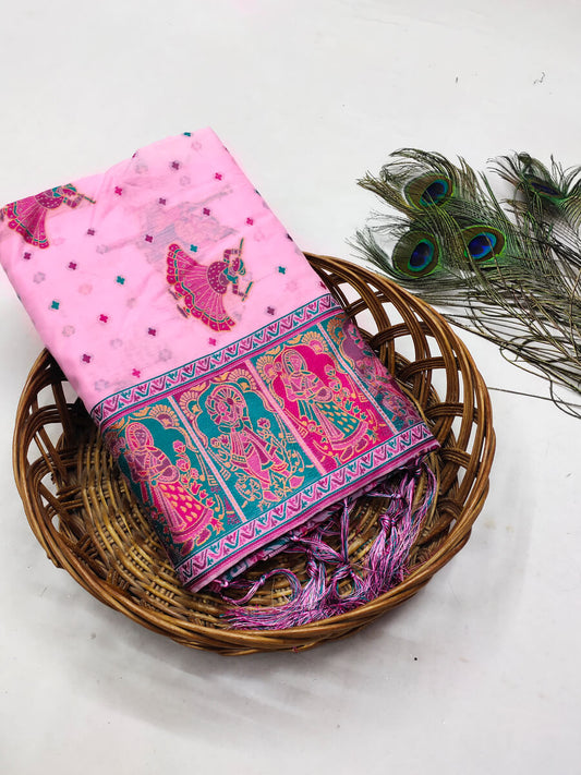 Blissful Pink Pashmina Saree With Elision Blouse Pieced