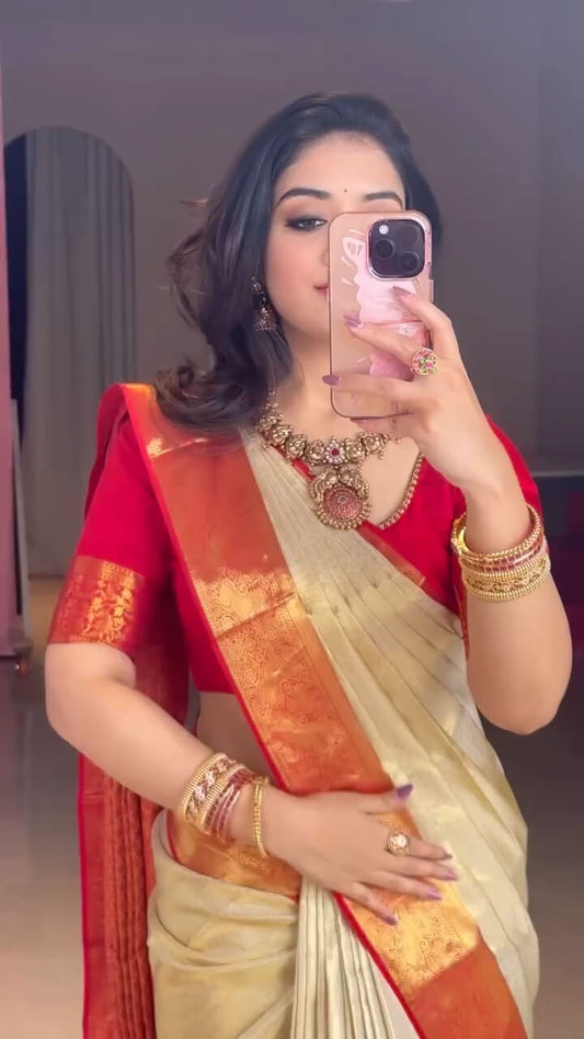 Resonant Beige Pure Banarasi Silk Saree With Susurrous Blouse Piece