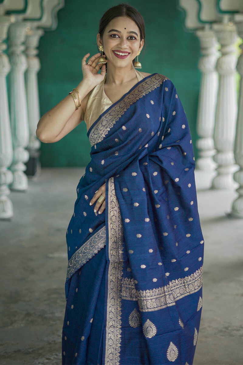 Glowing Blue Linen Silk Saree With Snappy Blouse Piece